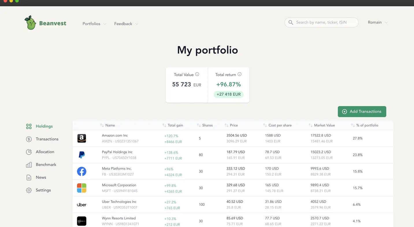Beanvest stocks portfolio tracker